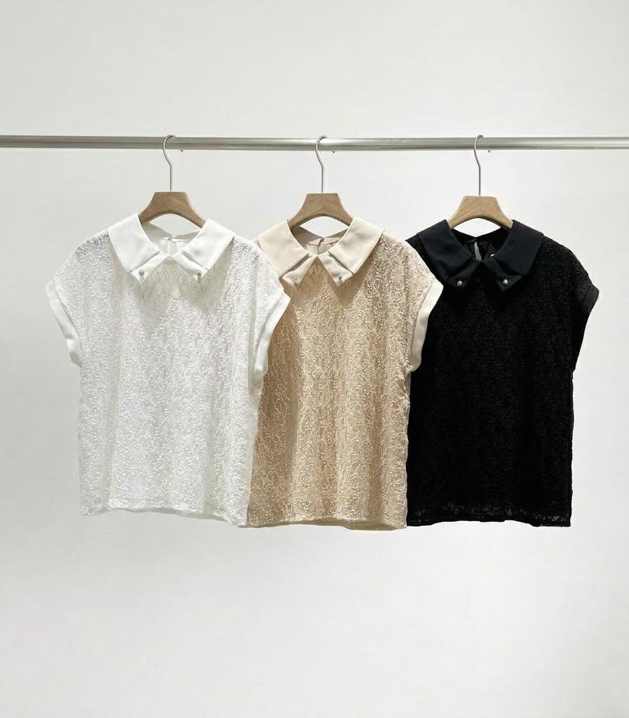 精緻蕾絲珍珠領短袖上衣 