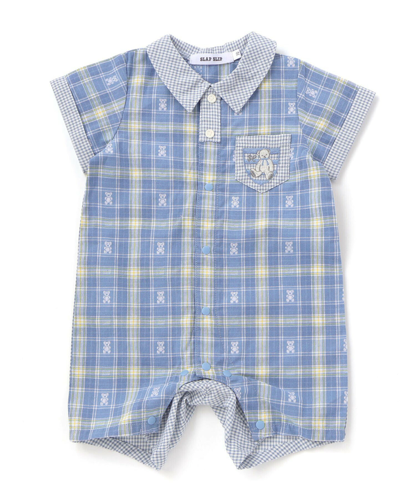 🇯🇵預訂 日本直送🇯🇵Slap Slip Baby兩色小熊刺繡口袋格紋翻領短袖連身服