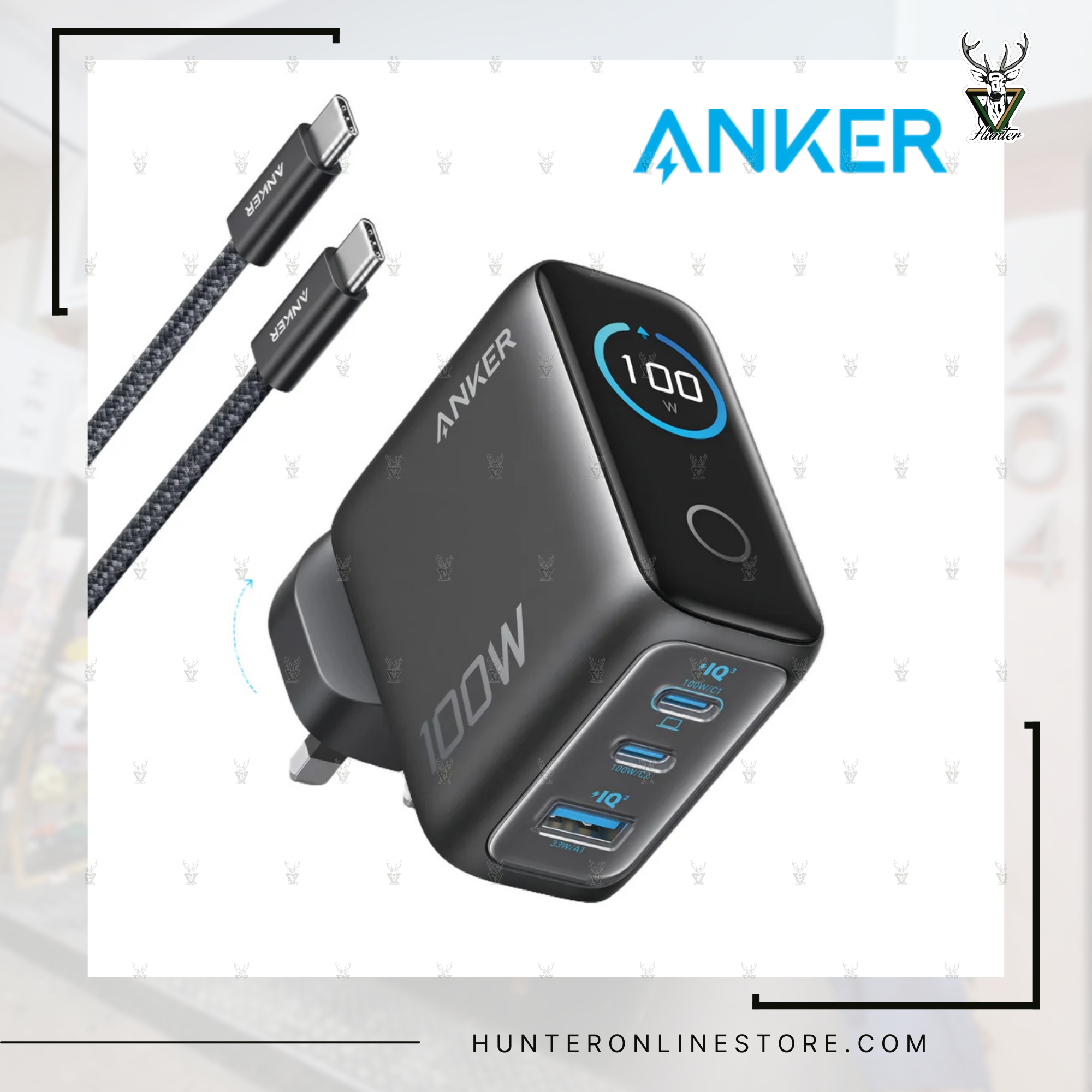 Anker 充電器(100W,3 個端口,智慧顯示器)3輸出牆插充電器連 USB-C 充電線 Charger 100W, 3 Ports, Smart Display 3-Output