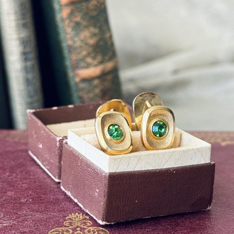 Vintage Emerald Rhinestone Golden Cufflinks (NZ104)