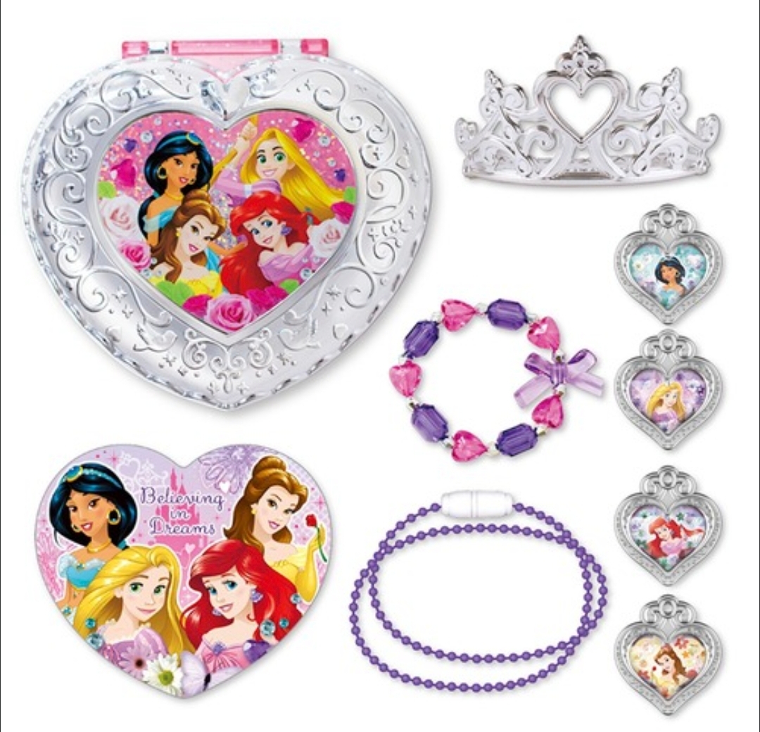 正版 Disney Princess 迪士尼公主心形首飾盒皇冠頸鏈手鏈兒童飾物套裝