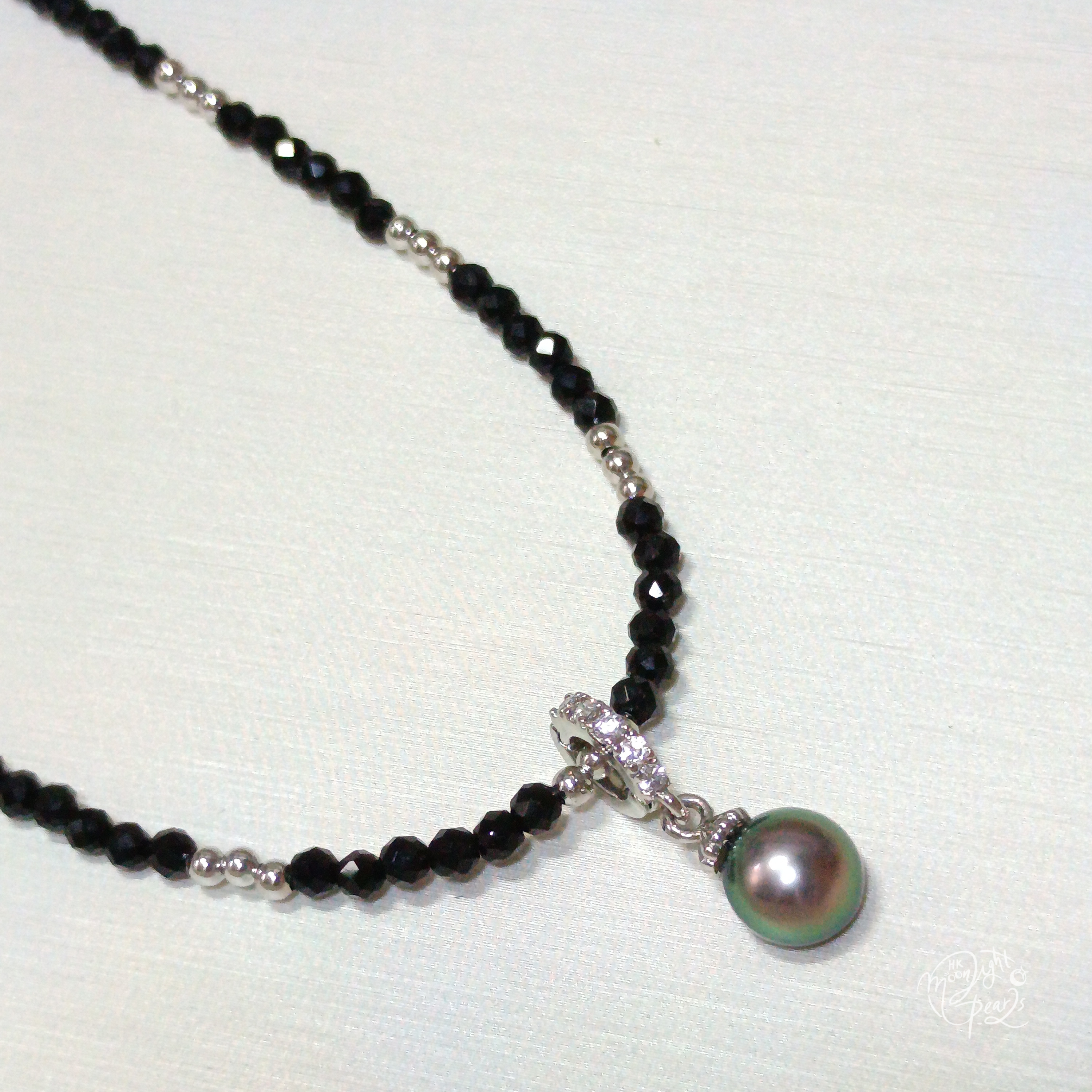 大溪地極光孔雀綠海水馬貝珍珠+黑尖晶石注白可拆卸吊墜鎖骨鍊