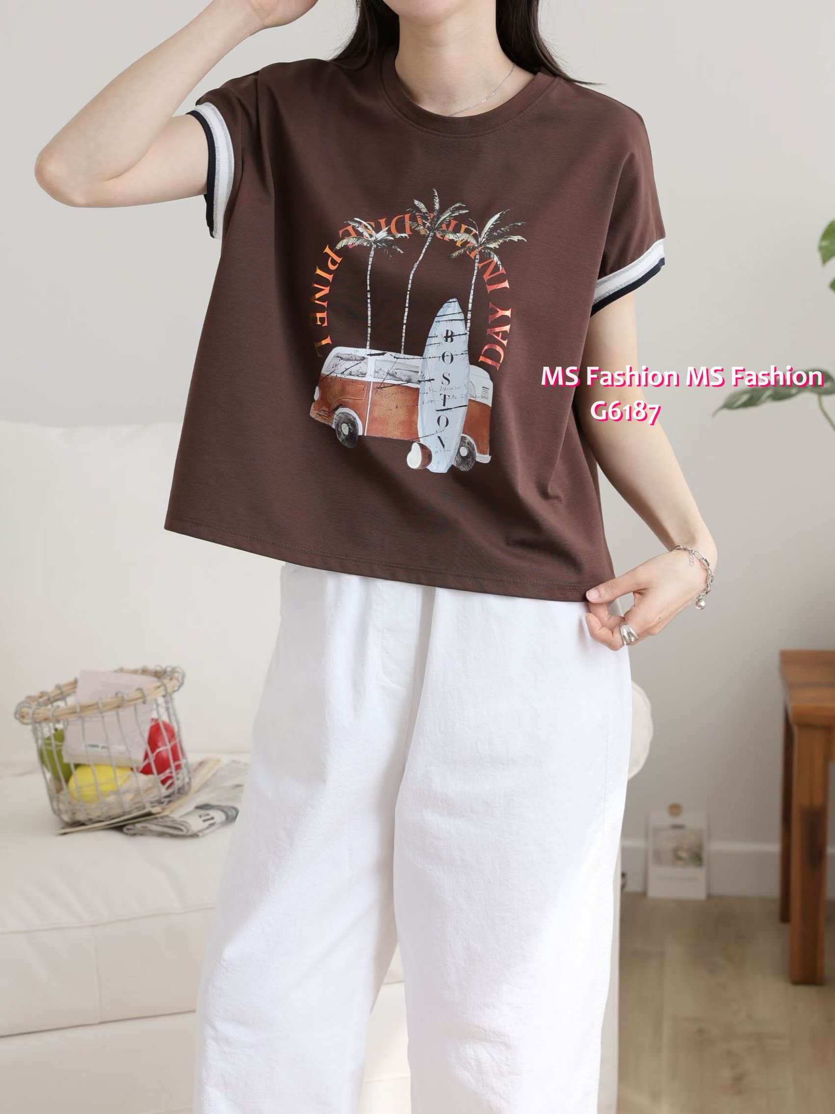 G6187 韓國🇰🇷靚print拼色袖top