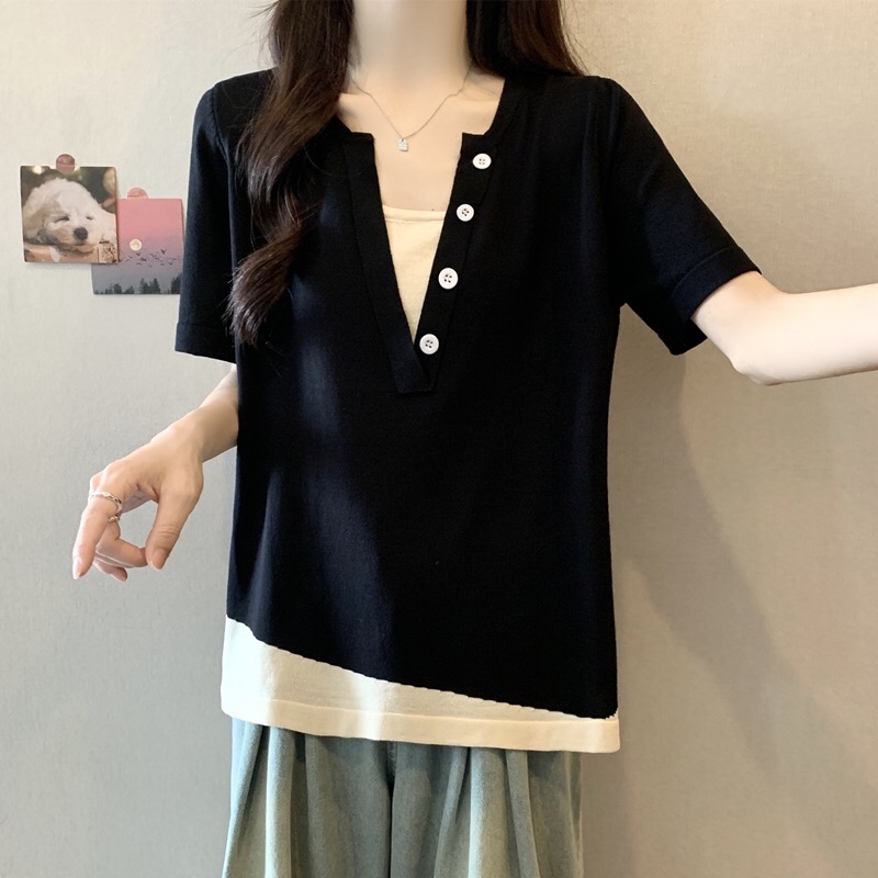 B139(1046) 韩版休闲风假两件小钮边V领撞色斜边下摆黑冰丝针织上衣