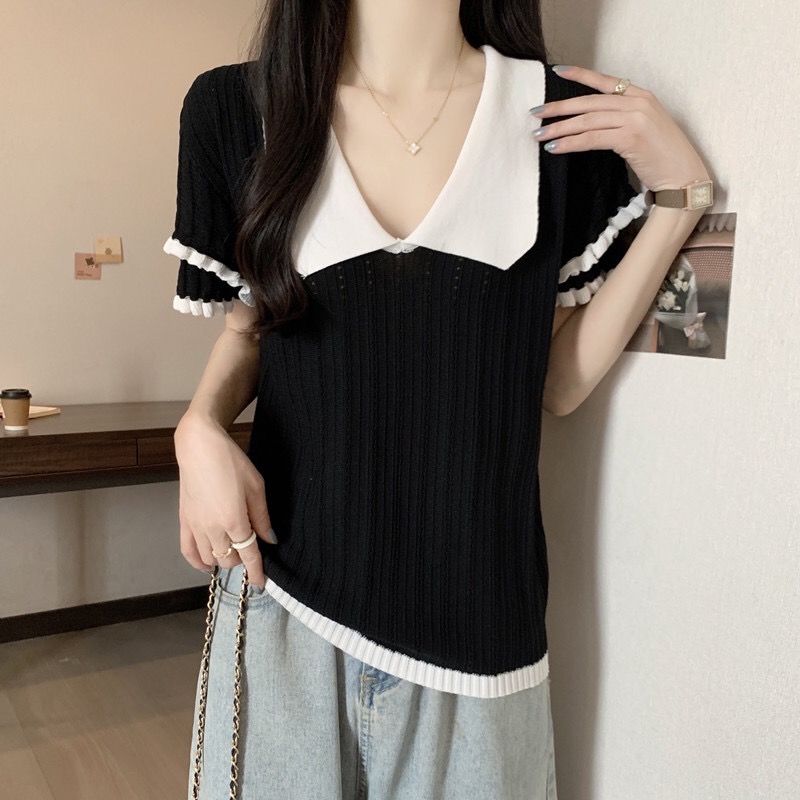 B26(878) 法式撞色娃娃领双层花边袖黑针织上衣 