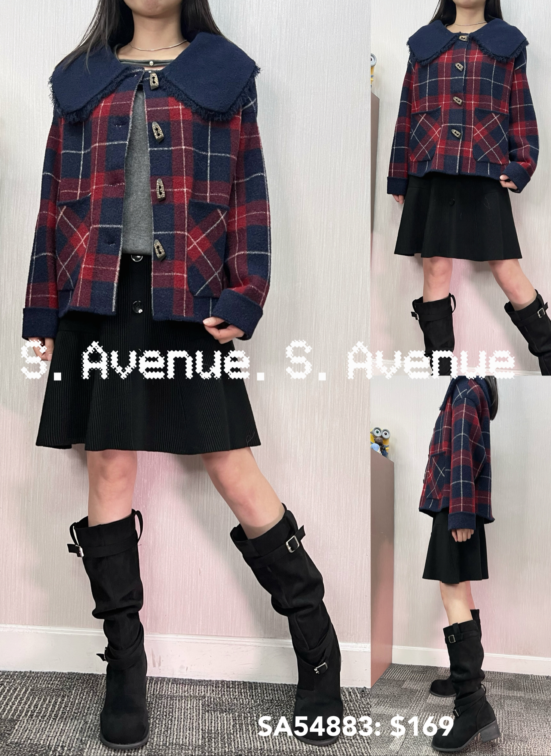 SA54883: 長袖撞色領格仔褸