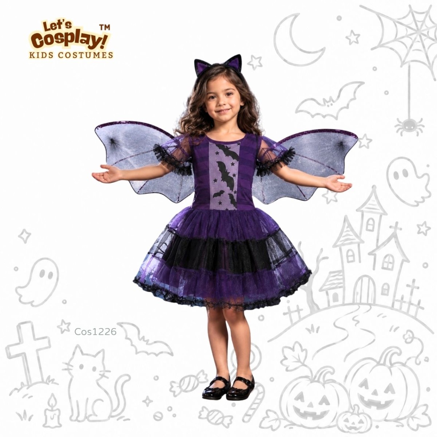 兒童萬聖節蝙蝠主題服裝 紫黑蝙蝠裙 Kids Bat Costume