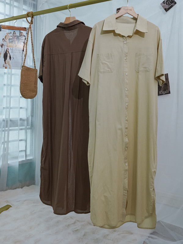 Relaxed Fit Cotton-Linen Shirt Dress with Full Button Front‖ 棉麻质感宽松排扣衬衫式连衣裙 KR029445