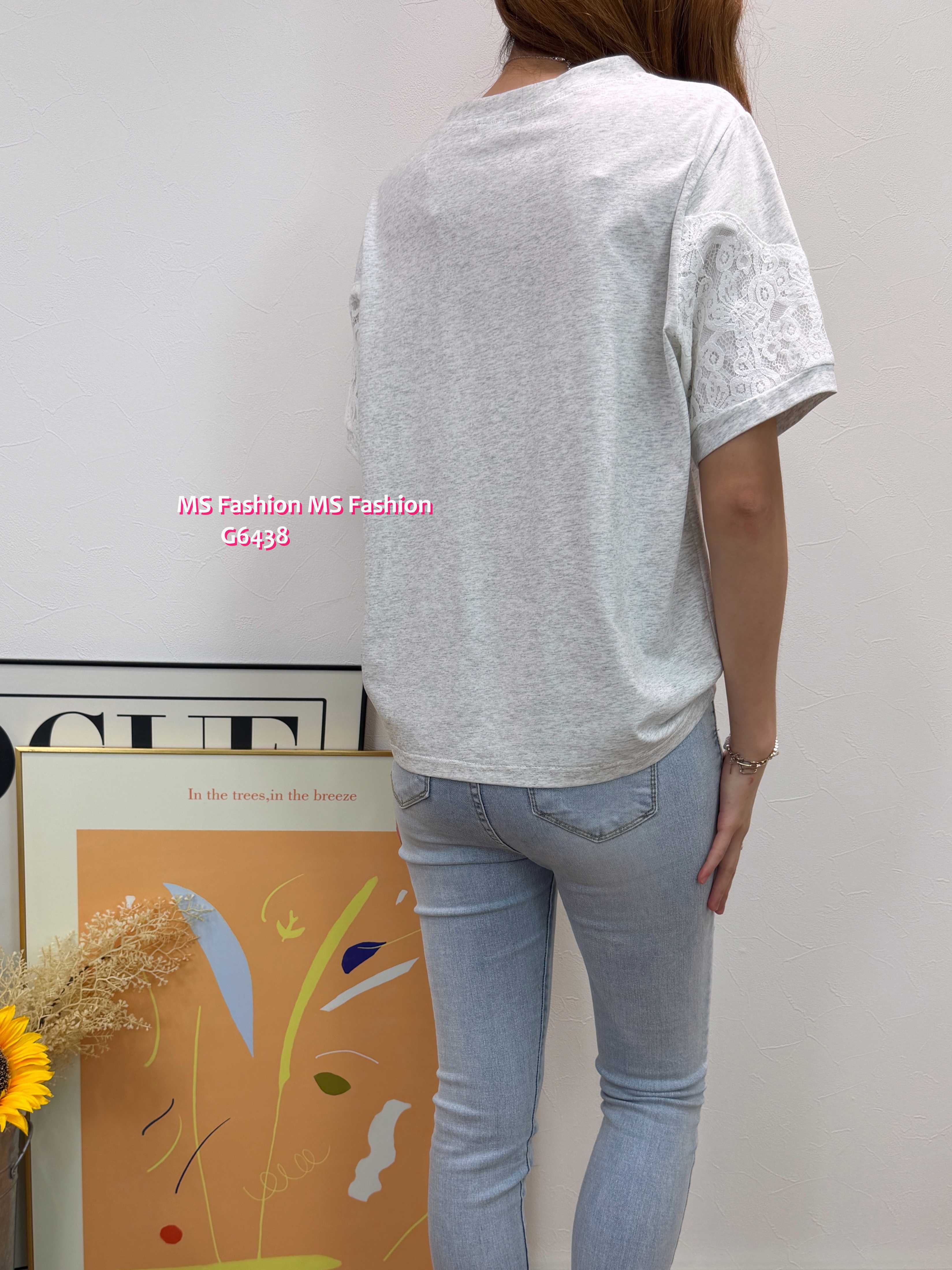 G6438 靚print lace袖top