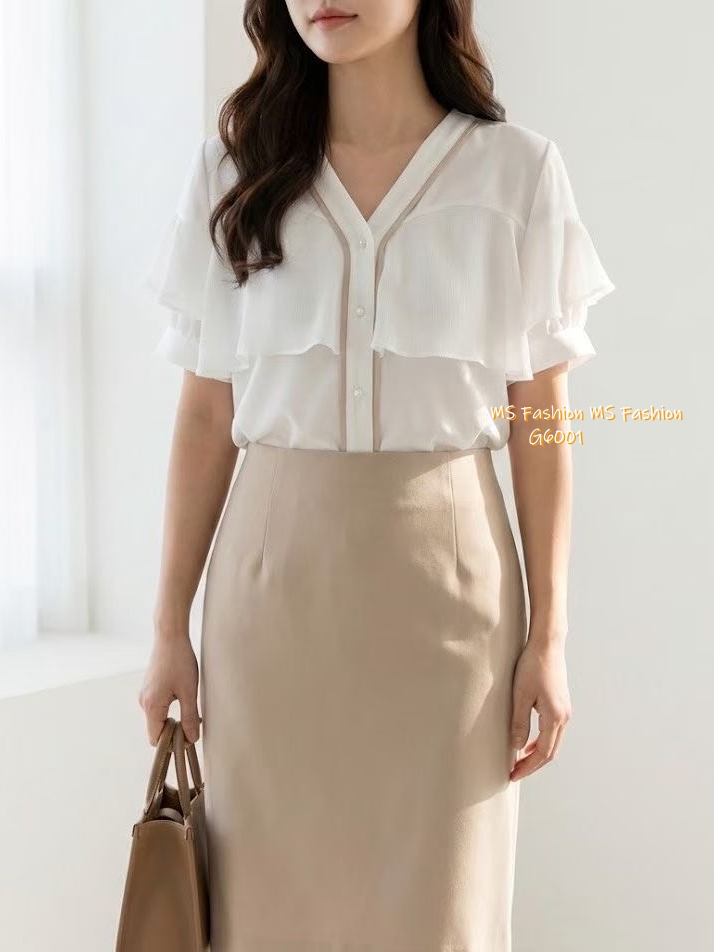 G6001 韓國🇰🇷靚料V領ruffle top