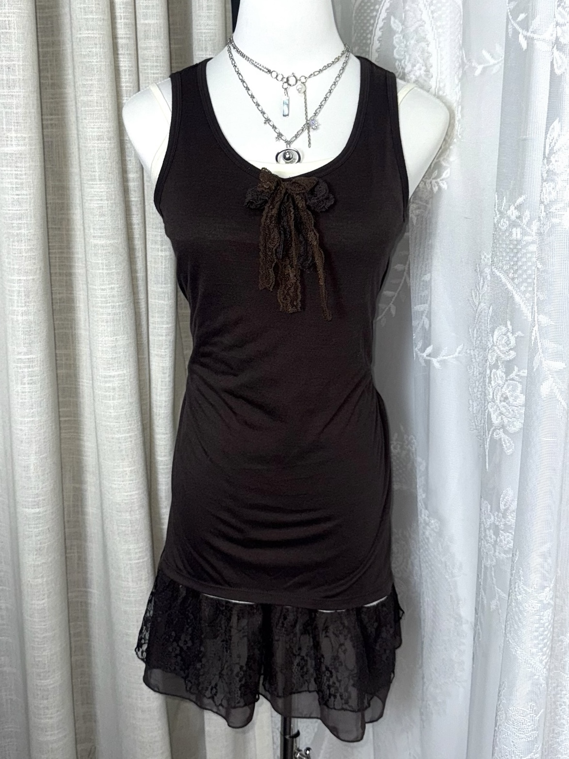 Mori Grunge Layered Crochet Cardigan & Chiffon Dress Set