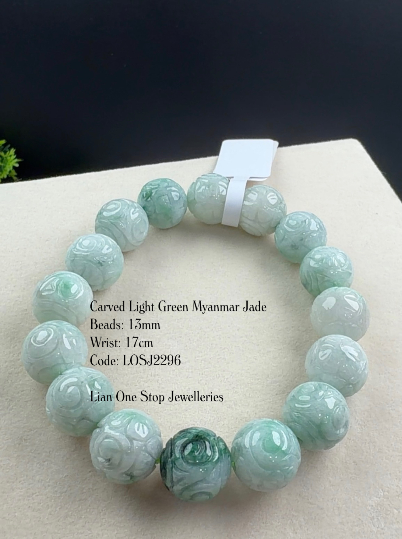 Code: LOSJ2296 Carved Light Green Myanmar Jade 13mm