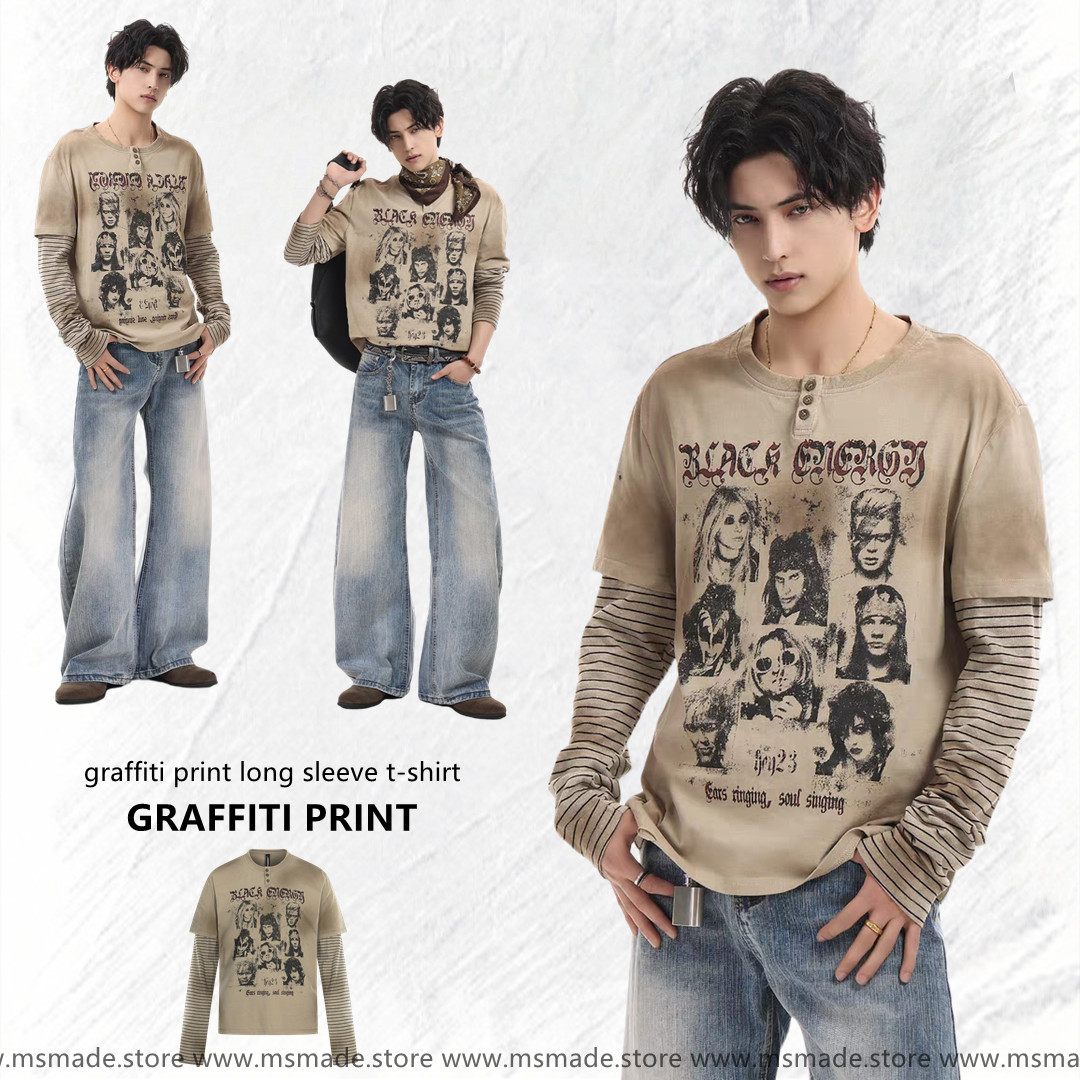 M45街頭人像印花假兩件長袖tee
