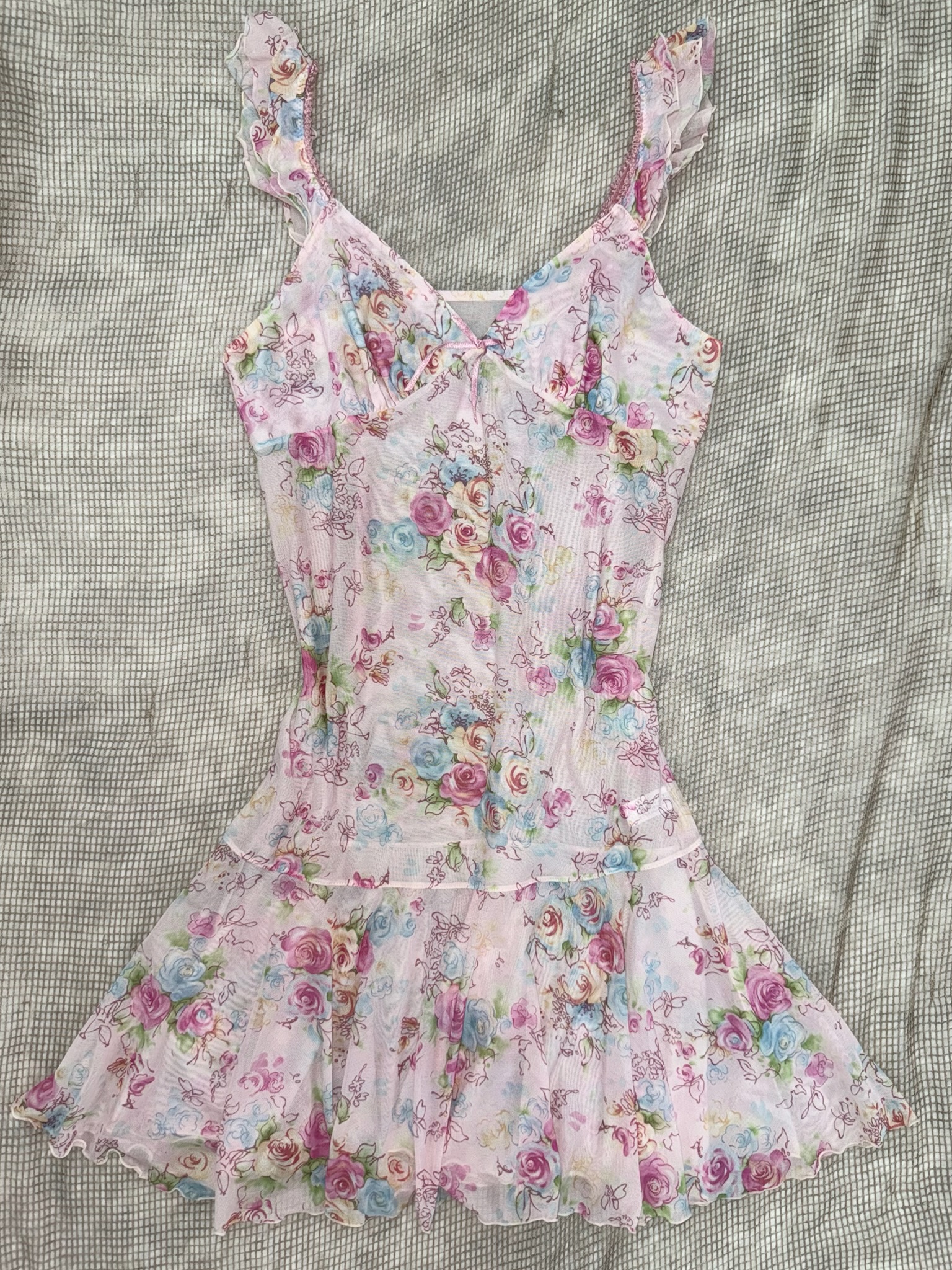 Pink Floral Print Mesh Slip Dress with Ruffled Straps and Lettuce Hem