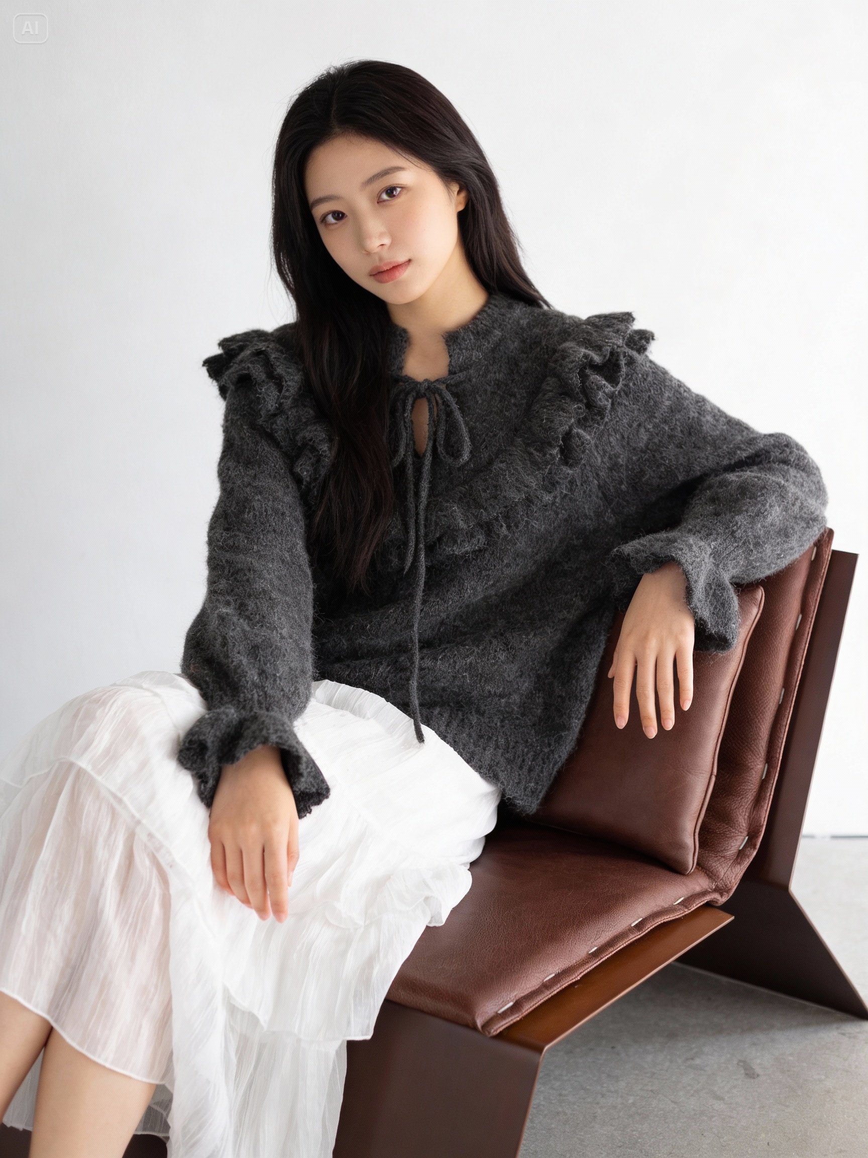 荷葉邊毛絨短版針織上衣