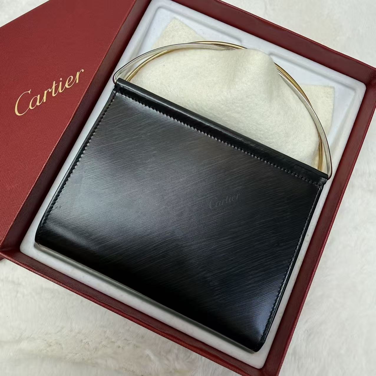 Cartier卡地亞 雙環手提包 黑色 金銀雙環 晚宴包 經典優雅時尚女士晚會聚會手輓包