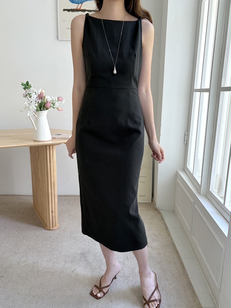 Linen Blend Twisted Strap Dress (Black)