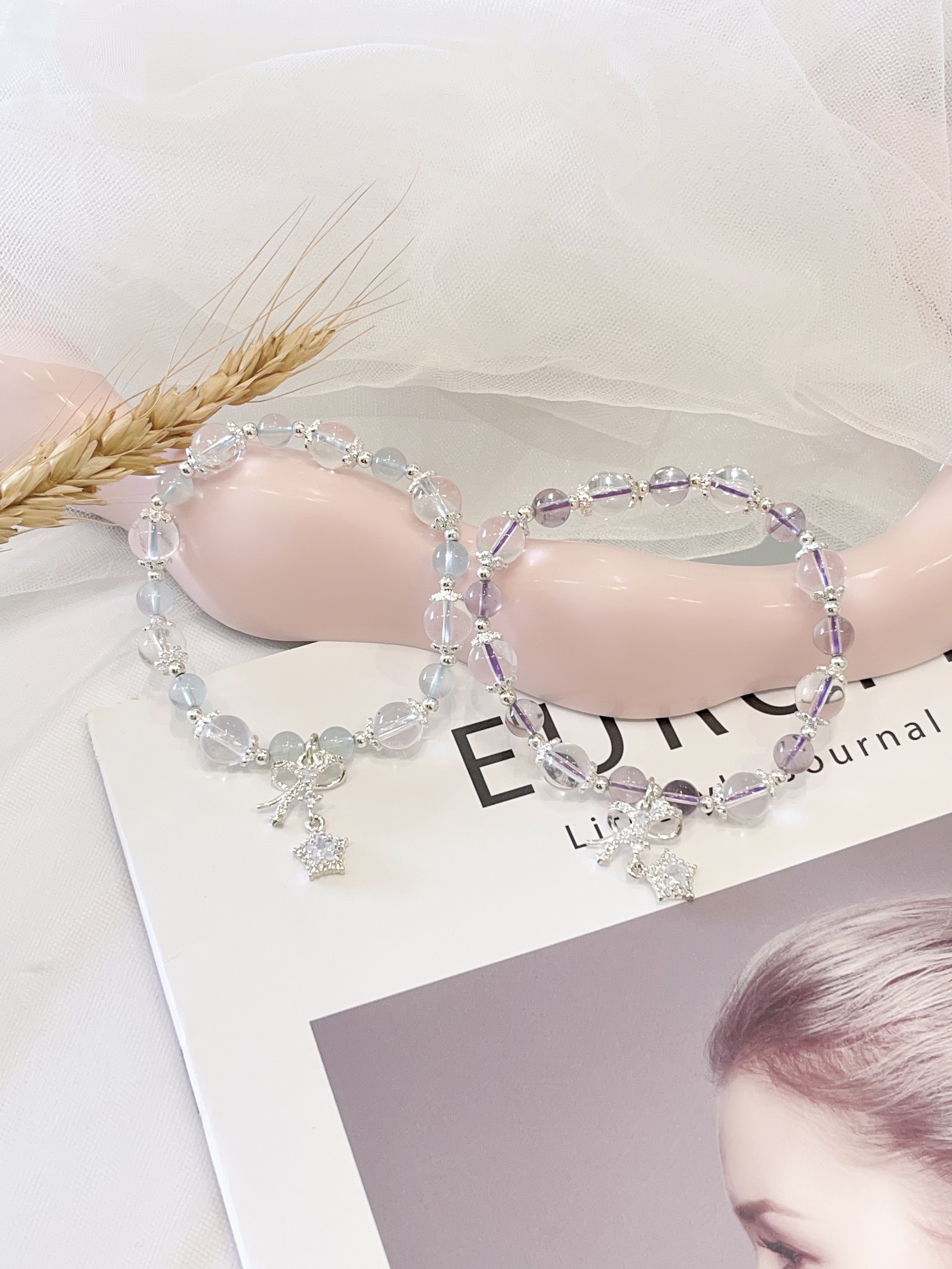 紫水晶 × 海蓝宝 × 白水晶  Amethyst & Aquamarine & Clear Quartz Star Charm Bracelet｜星空守护
