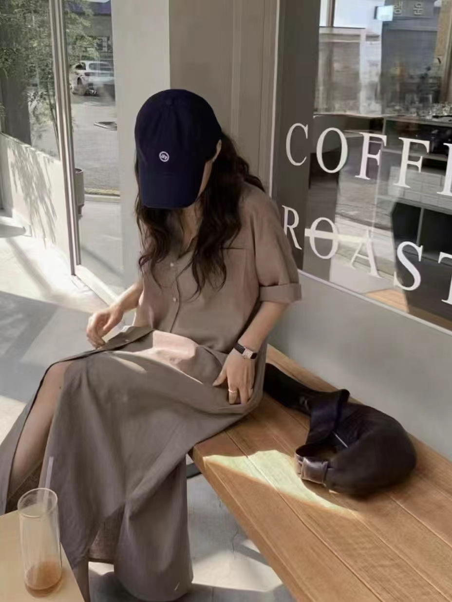 Relaxed Fit Cotton-Linen Shirt Dress with Full Button Front‖ 棉麻质感宽松排扣衬衫式连衣裙 KR029445