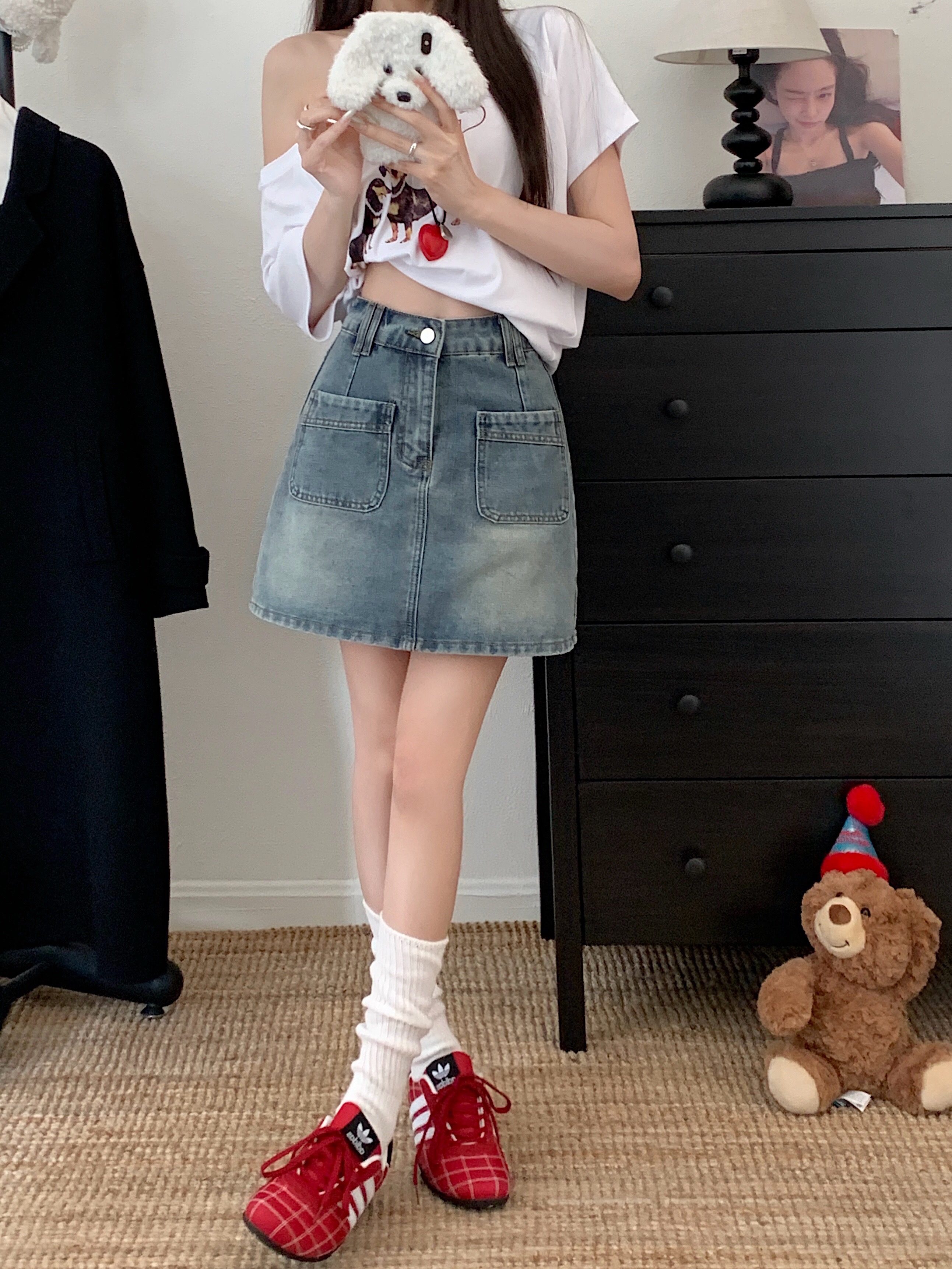 B165(65532) 韩版复古JEANS前部双大口袋蓝短裙 