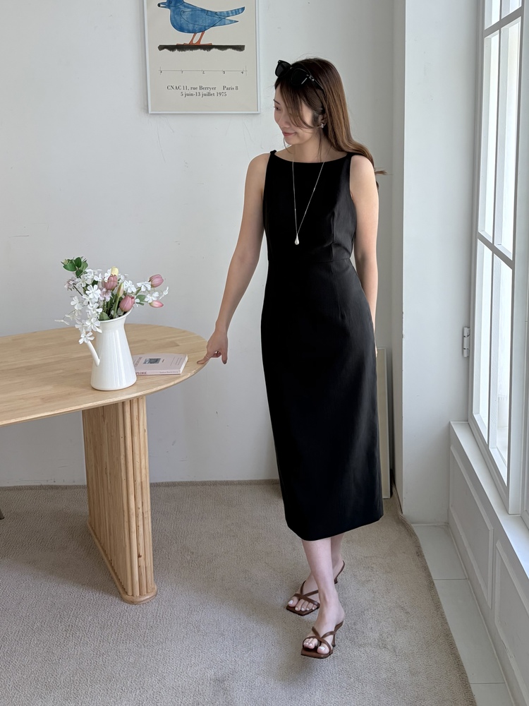 Linen Blend Twisted Strap Dress (Black)