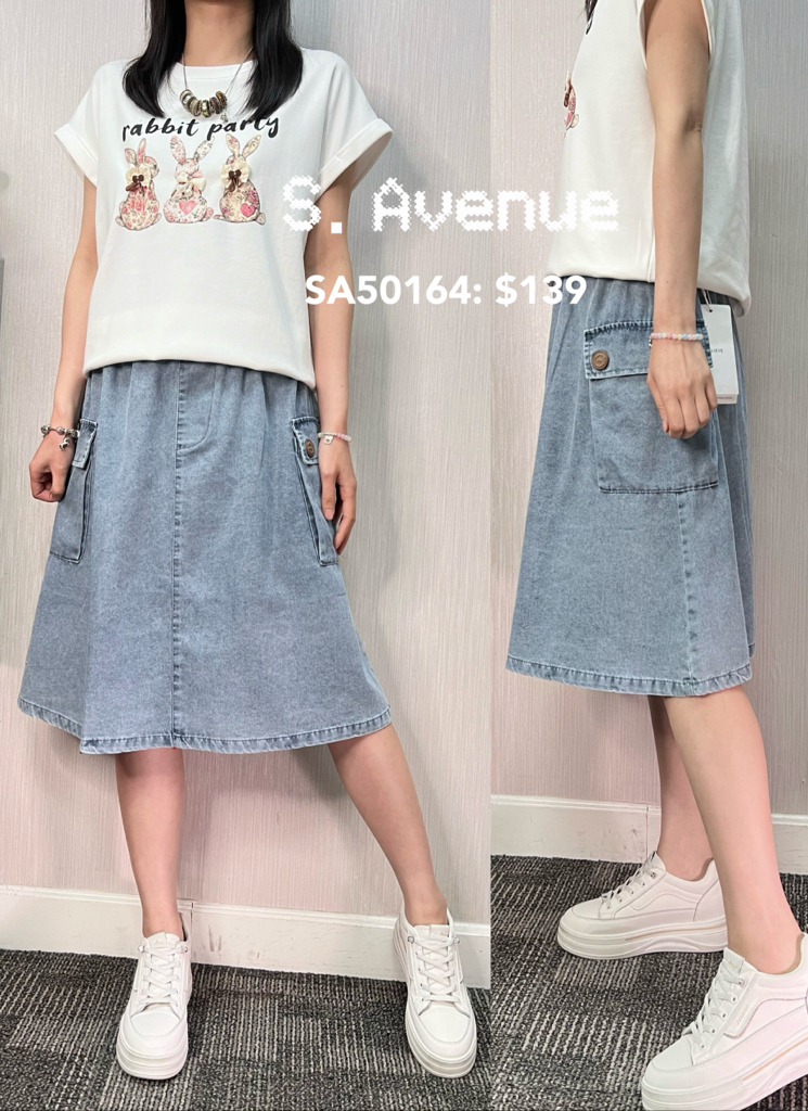 SA50164: 橡筋腰側有方袋過膝牛仔裙