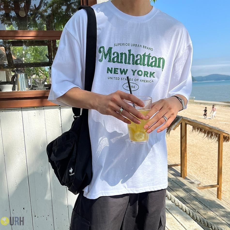 【100%保證韓國直送】Manhattan New York 復古美式街頭微縮字母綠色字體大印花寬鬆落肩圓領短袖Tee 👕 [3 color] RG165903