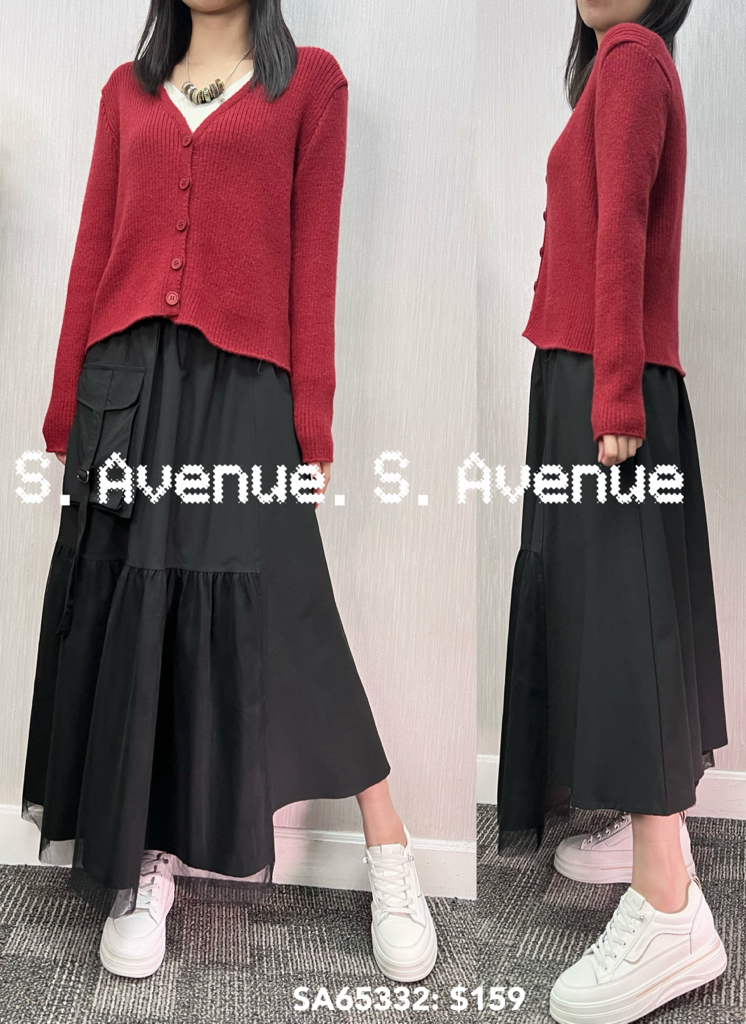 SA65332: 長袖V領有鈕假兩件淨色top