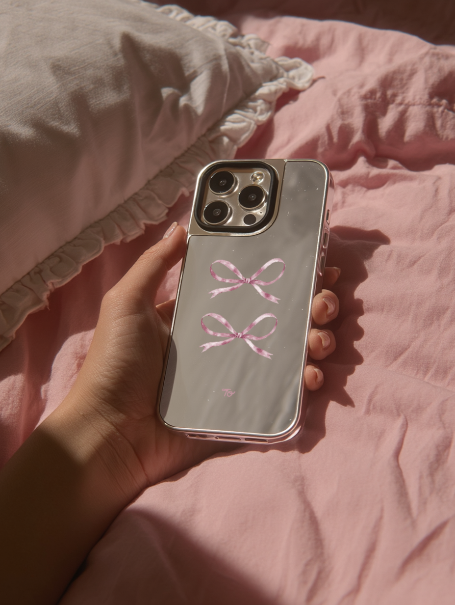 【Silky Pink Ribbon(S)】銀框鏡面MagSafe iPhone Case