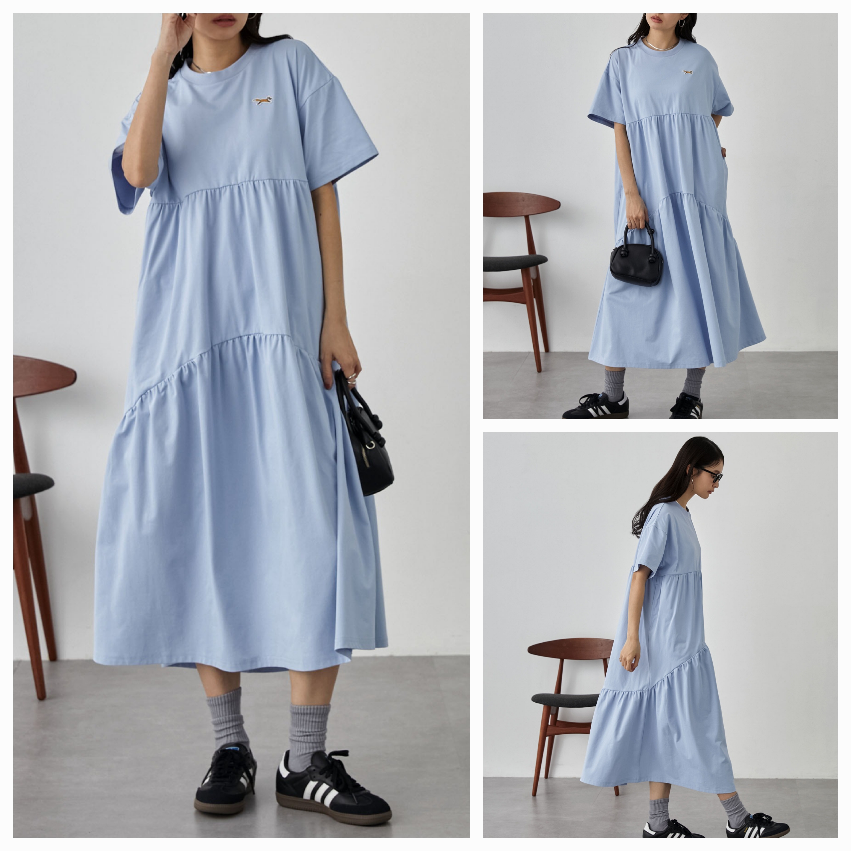 【✨️日本🇯🇵 pre-order 刺繡logo蛋糕連身裙✨️】 【共7色 | Free Size | 黑色/灰色/啡色/海軍藍/粉藍/紅色/黑白間條】