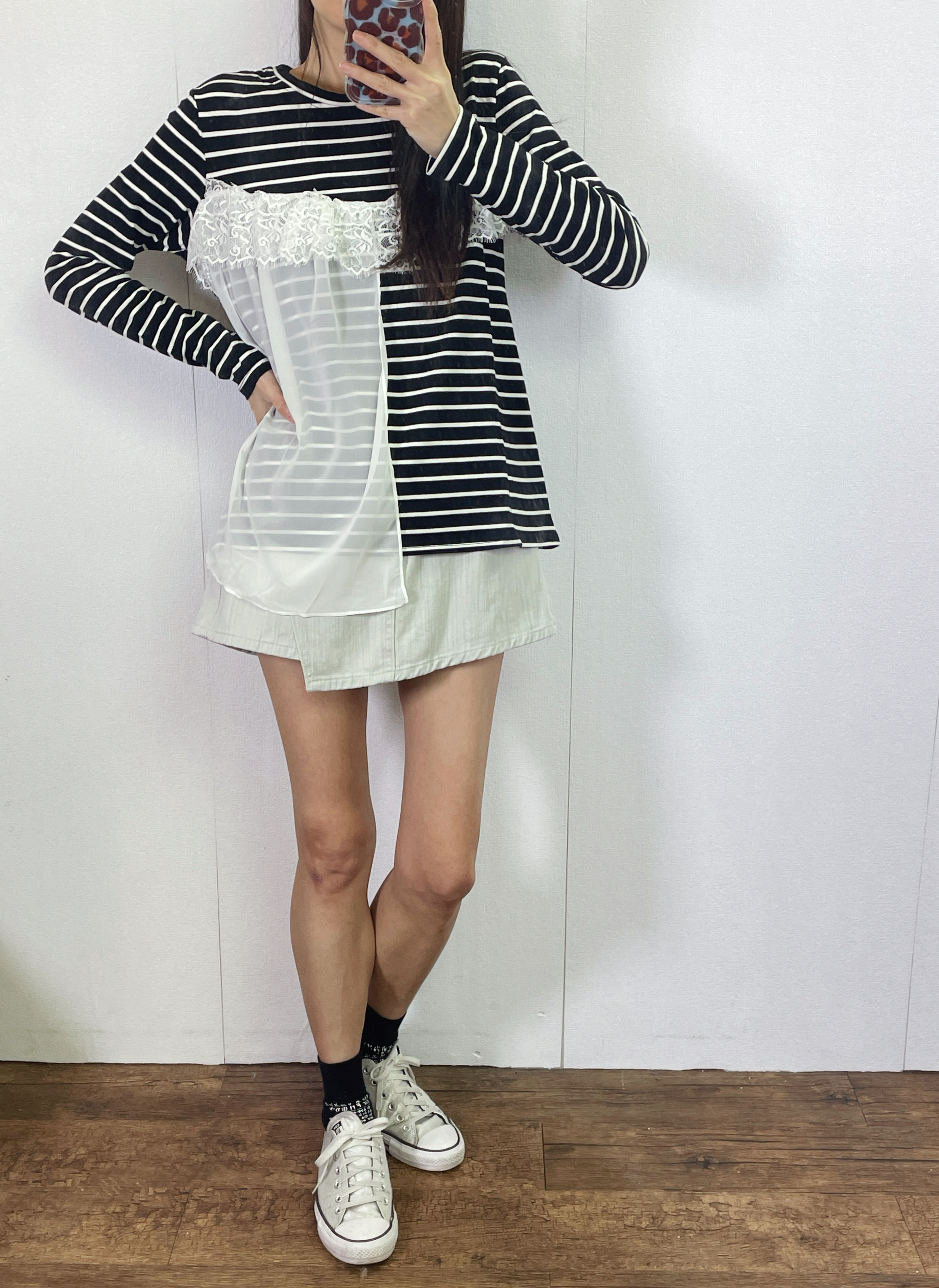 ⭐️Sale⭐️ #10-1187 橫間拼雪紡長袖top