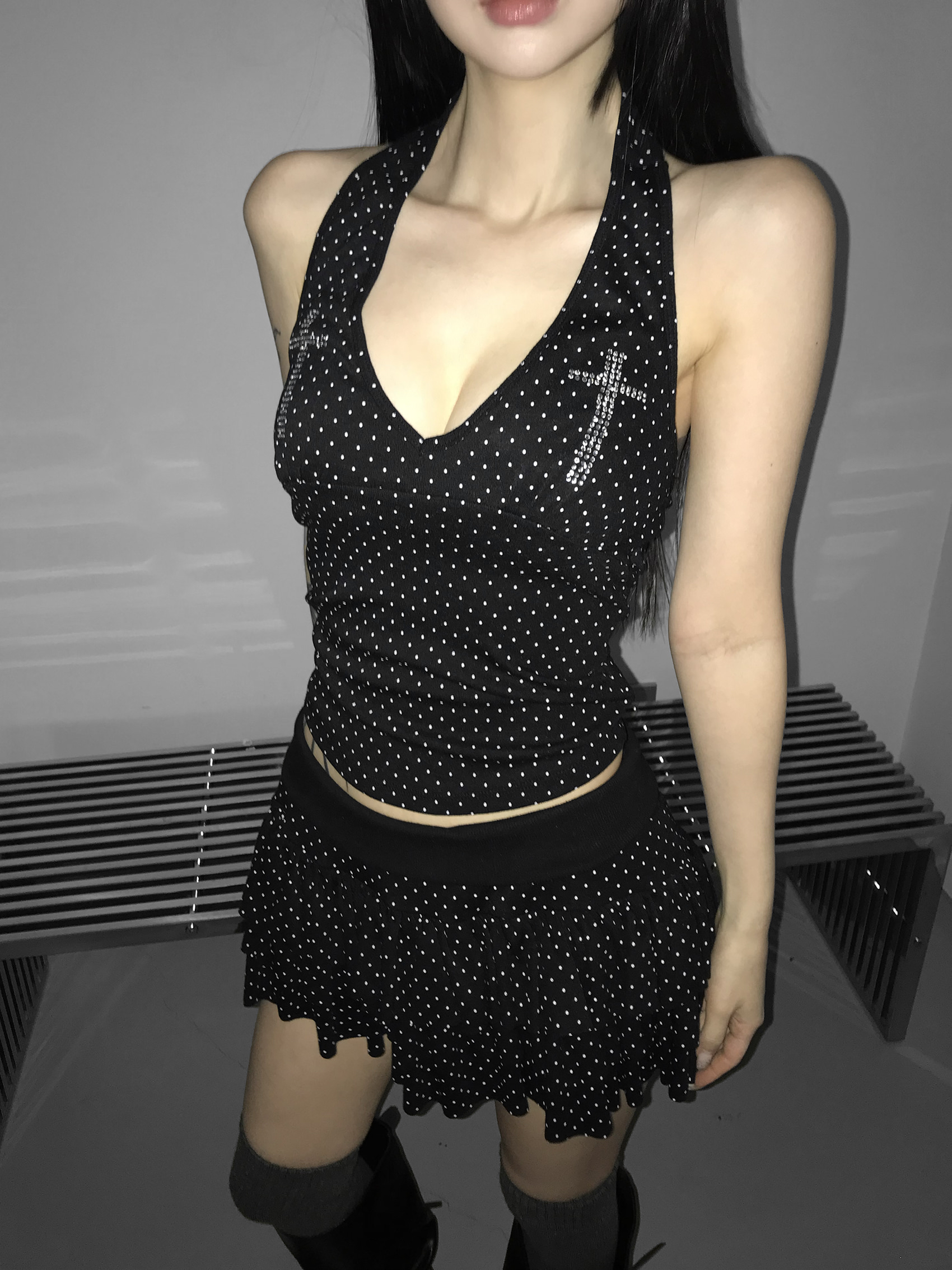 Rhinestone Cross Polka Dot Halter Top