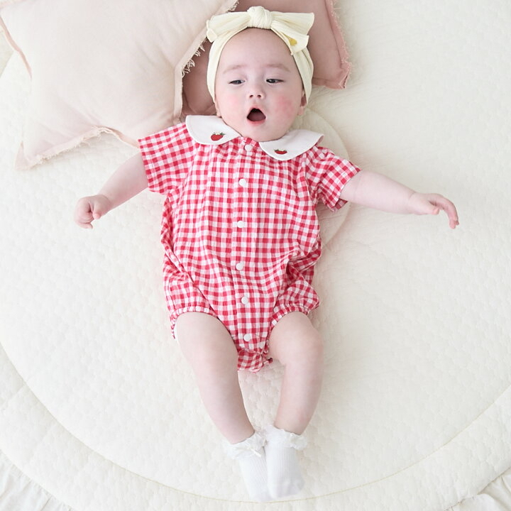 🇯🇵預訂 日本直送🇯🇵Petit Main三色水果刺繡翻領格紋短袖包屁衣