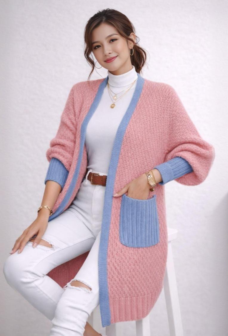 Contrast Knit Long Cardigan