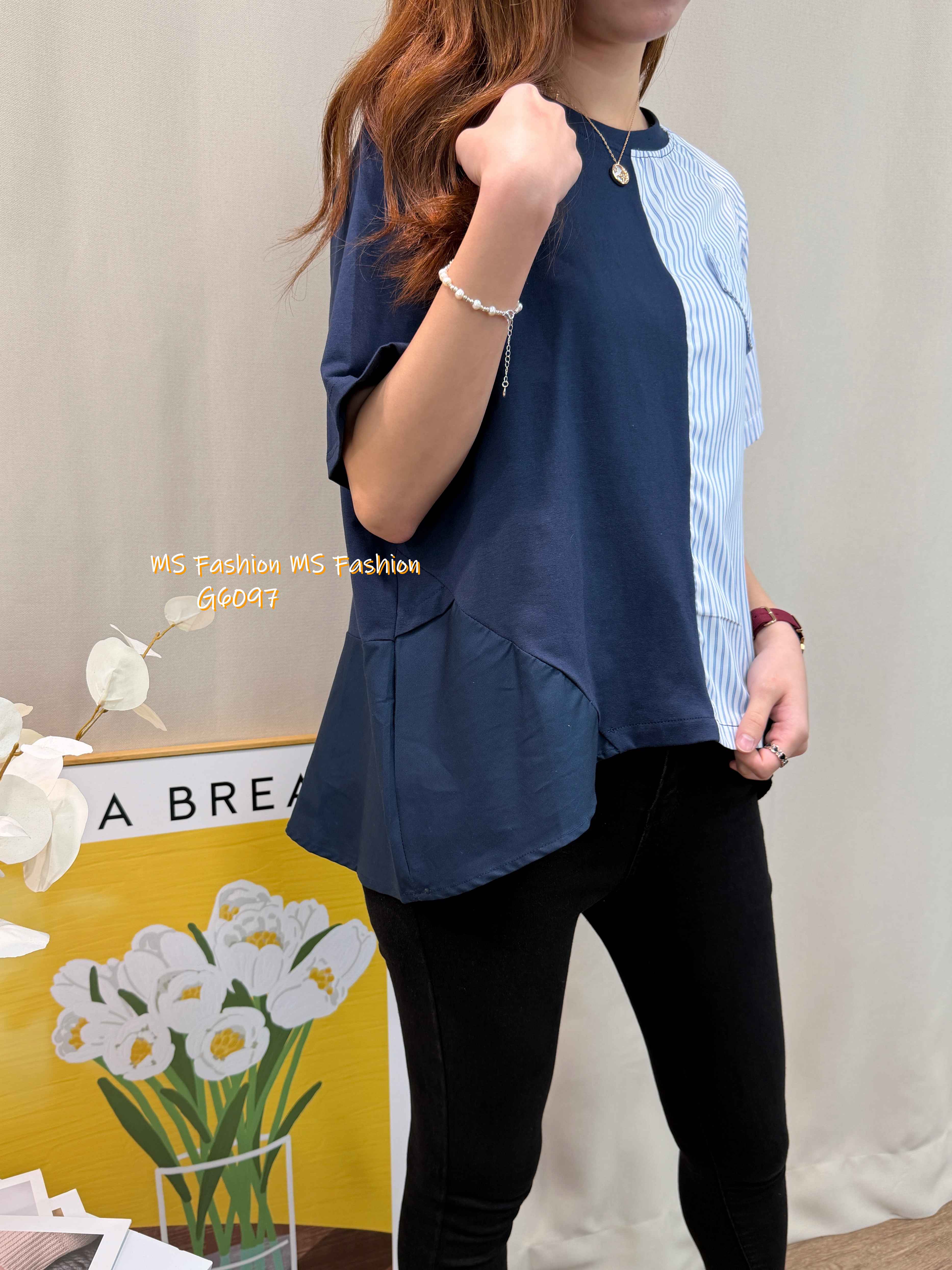 G6097 韓國🇰🇷條子拼布top