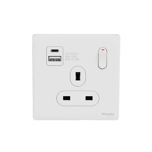 施耐德 Unica X 皎月白 13A單蘇有掣連Type A+C USB 插座