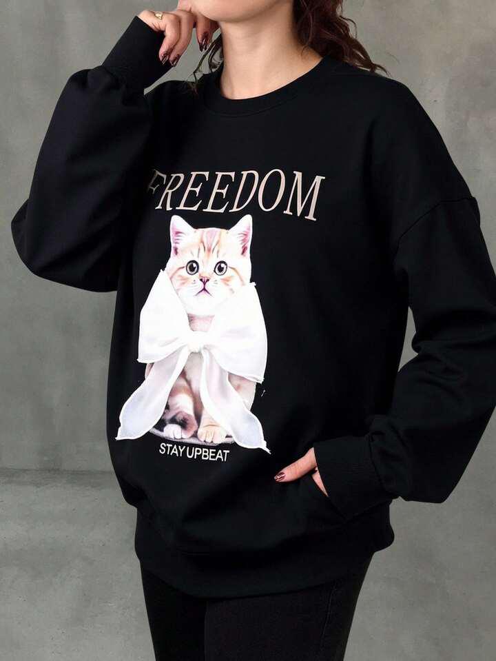 可愛貓咪印花寬鬆圓領衛衣