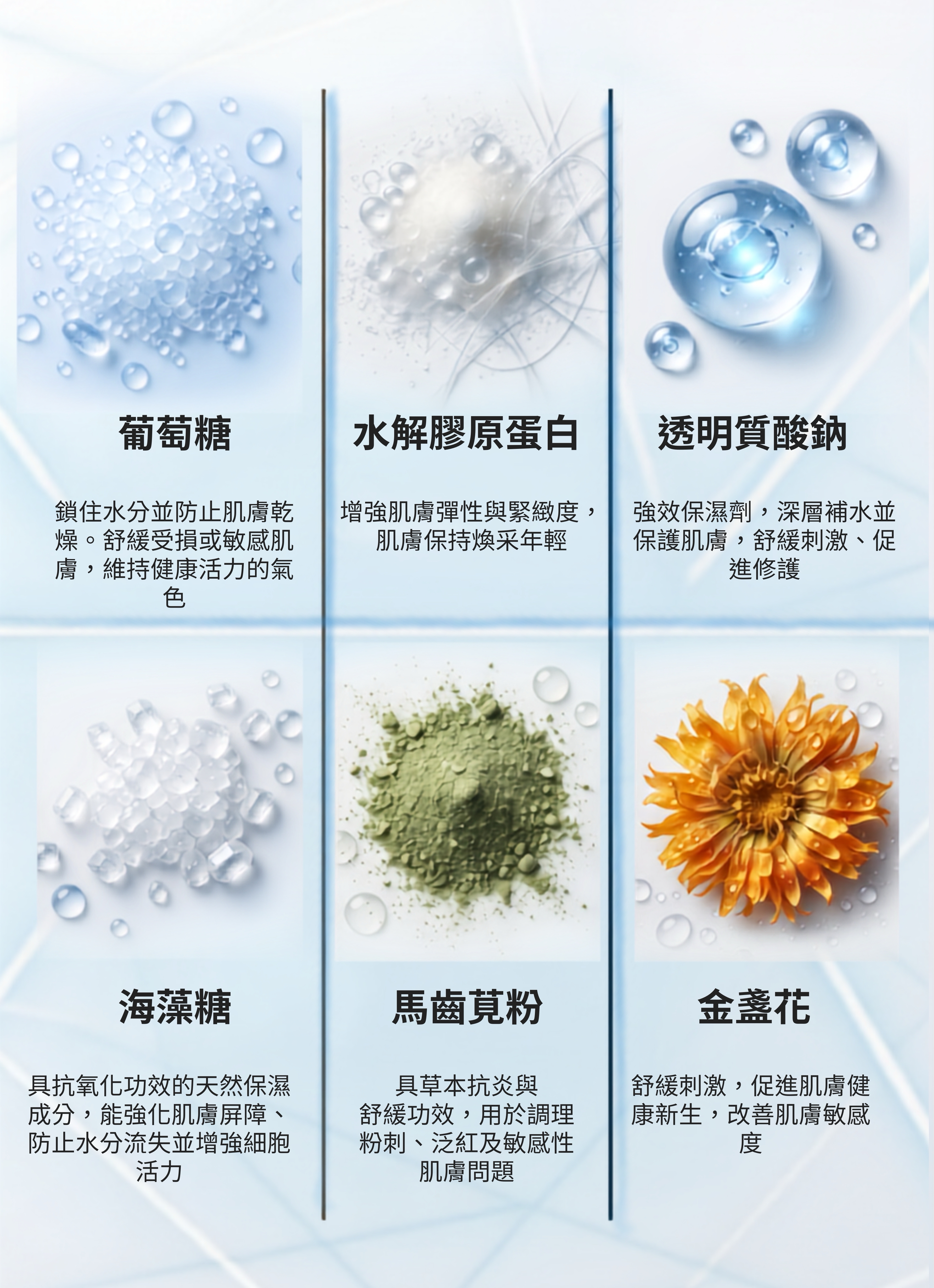 La ChomB ILLUMINU 軟膜粉六大核心成分解析：包含鎖水保濕並舒緩受損肌膚的葡萄糖、增強肌膚彈性與緊緻度的水解膠原蛋白、深層補水並促進修護的透明質酸鈉、具抗氧化與強化屏障功能的海藻糖、草本抗炎並調理粉刺與泛紅的馬齒莧粉，以及舒緩刺激並改善敏感度的金盞花。