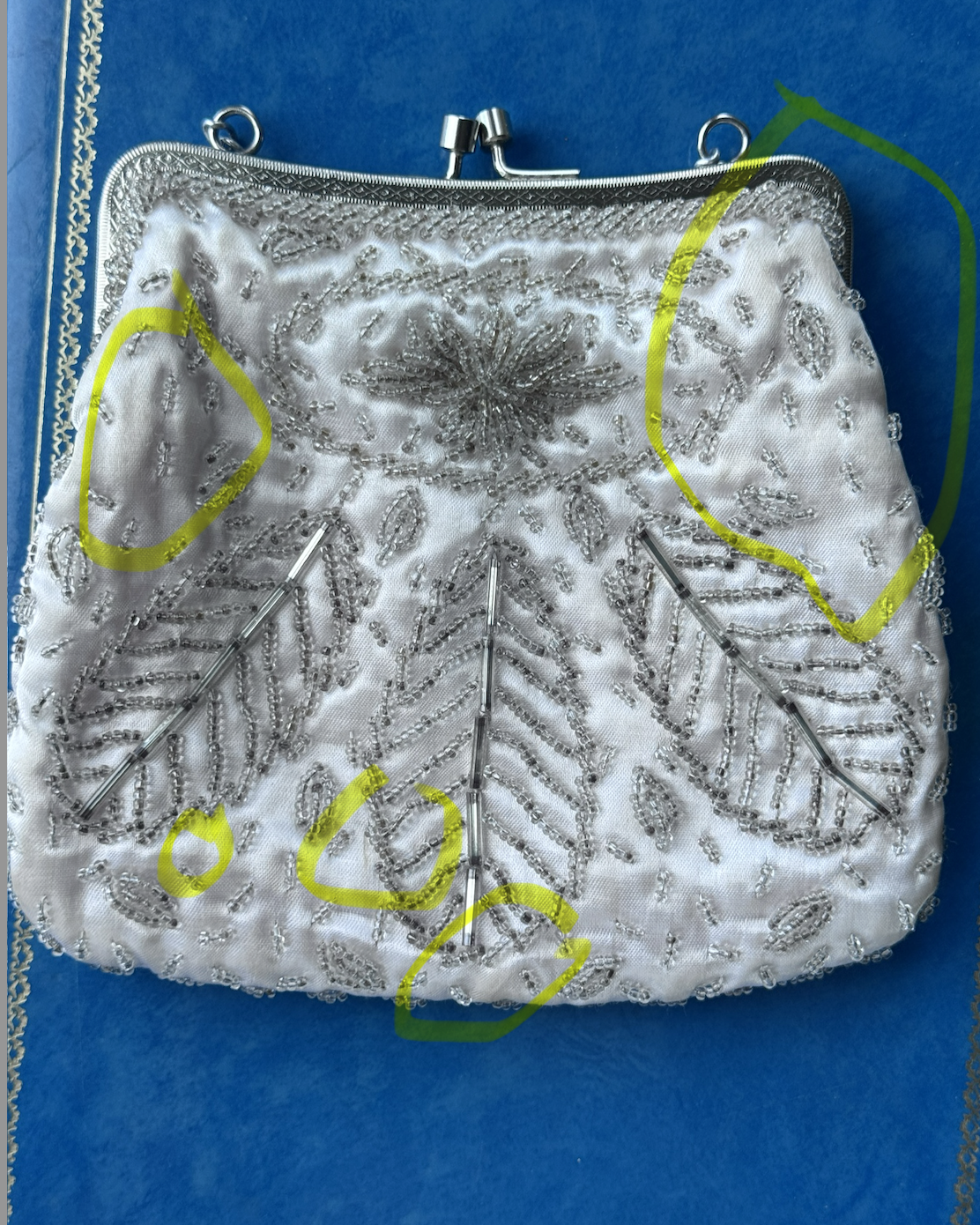 Vintage C.a. 1970s Hand Made in Hong Kong Silver Bead Satin Evening Bag (MT2604)
