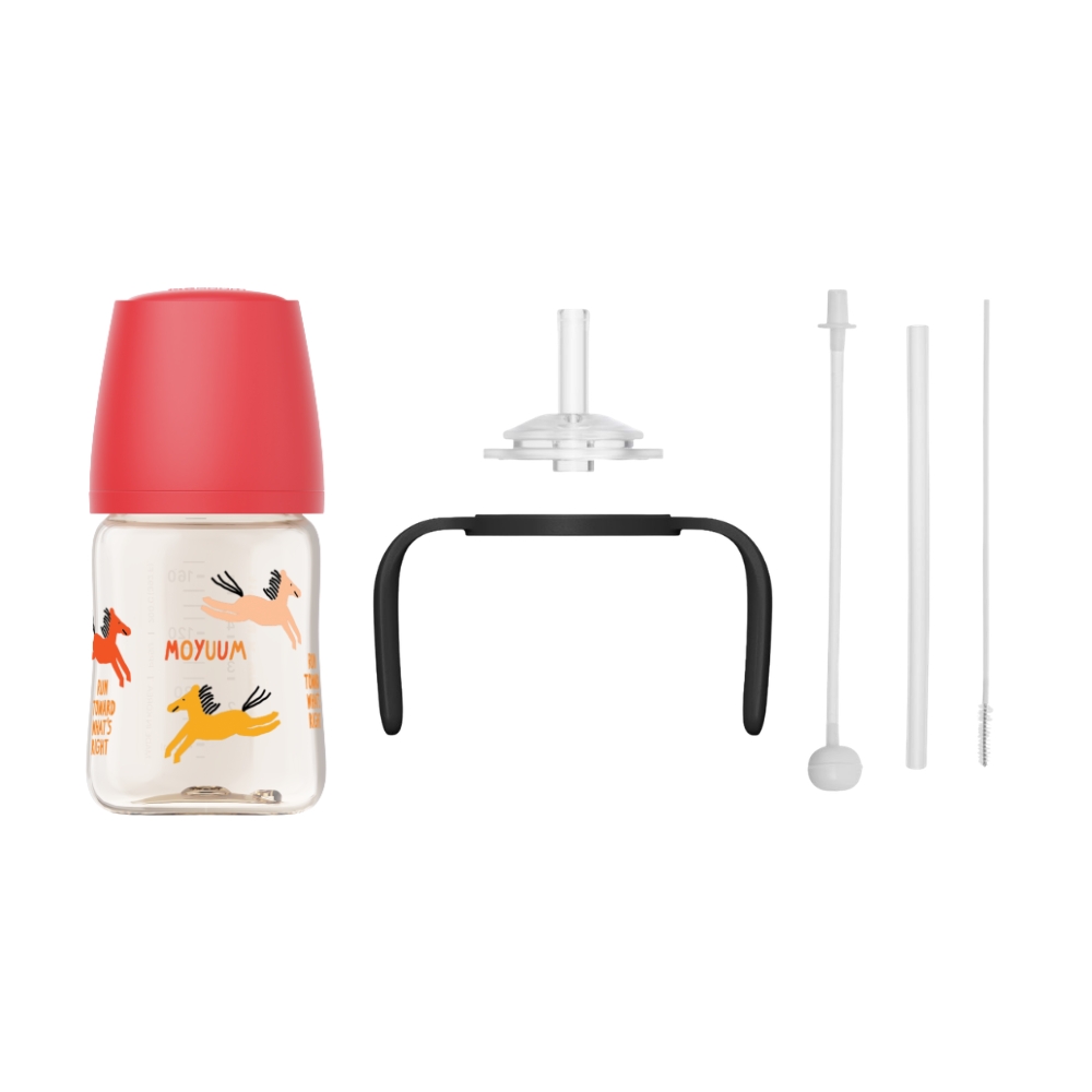 Moyuum - PPSU 寬口防漲氣奶瓶170ml（快樂小馬-紅色）+寬口奶瓶防漏學習吸管套裝(黑色)_MY253_SET