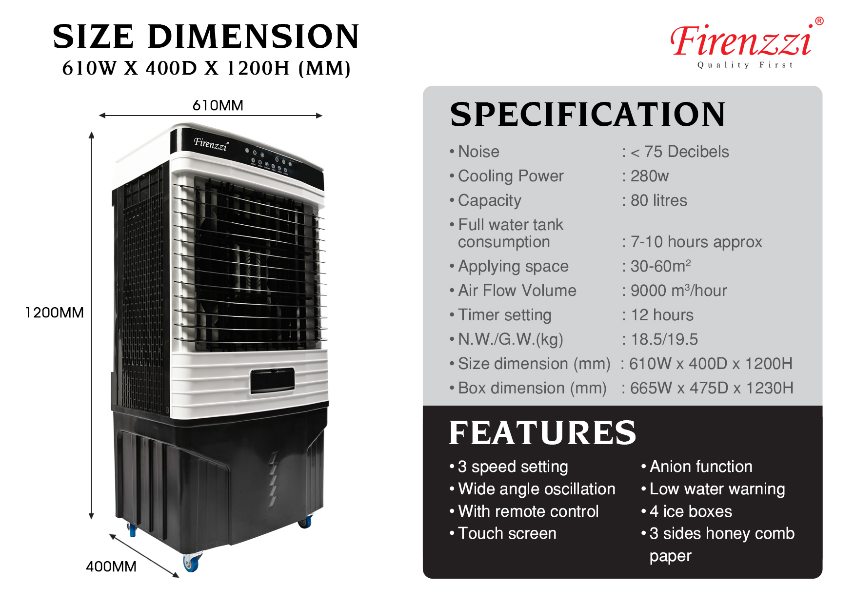 Firenzzi 80L Air Cooler (FAC-1890)
