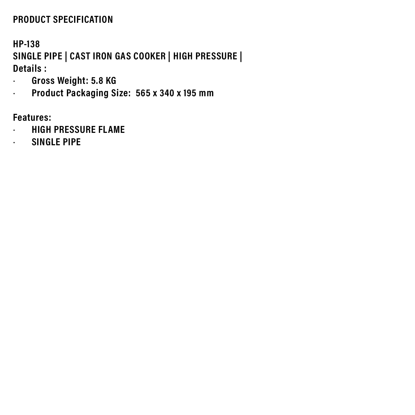 Milux High Pressure Cast Iron Gas Cooker (HP-138)