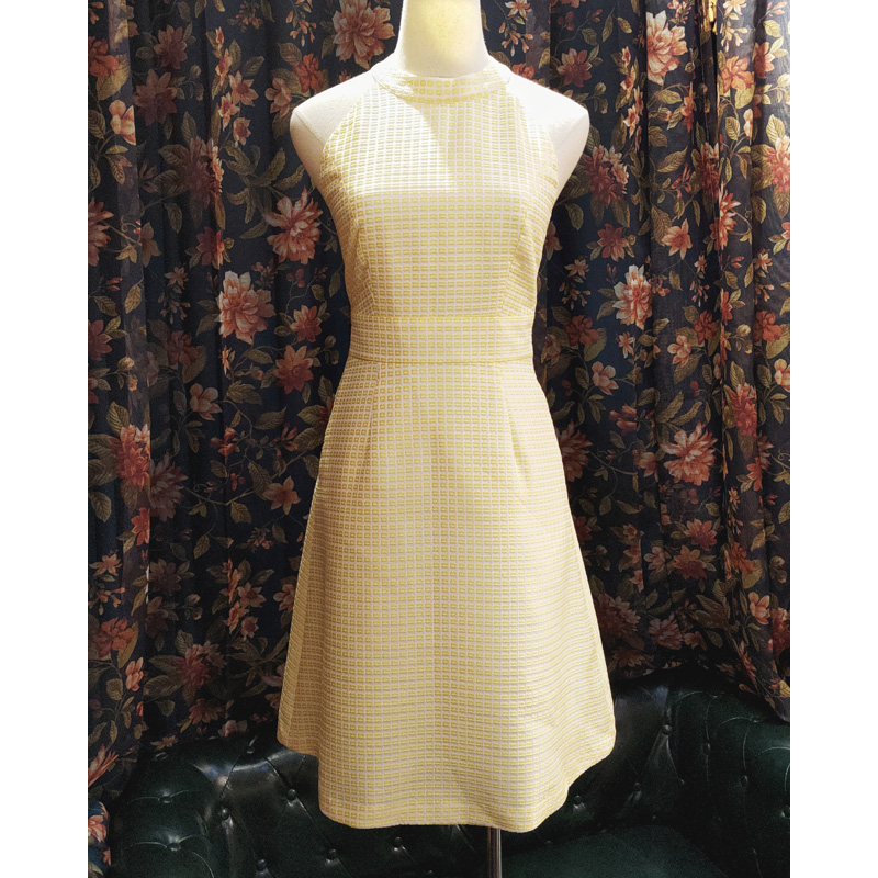 (Ready-made)1960s MOD Yellow Raised Geometric Pattern A-Line Dress(FM135)