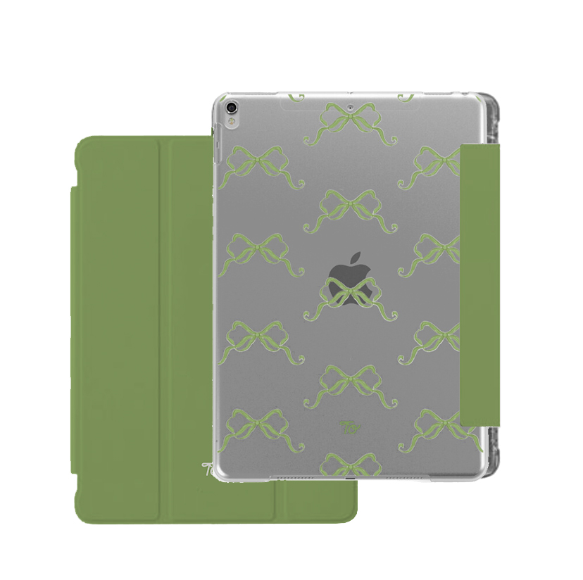 【Olive Green Ribbons in Full Printing】透明磨砂書本式 iPad Case