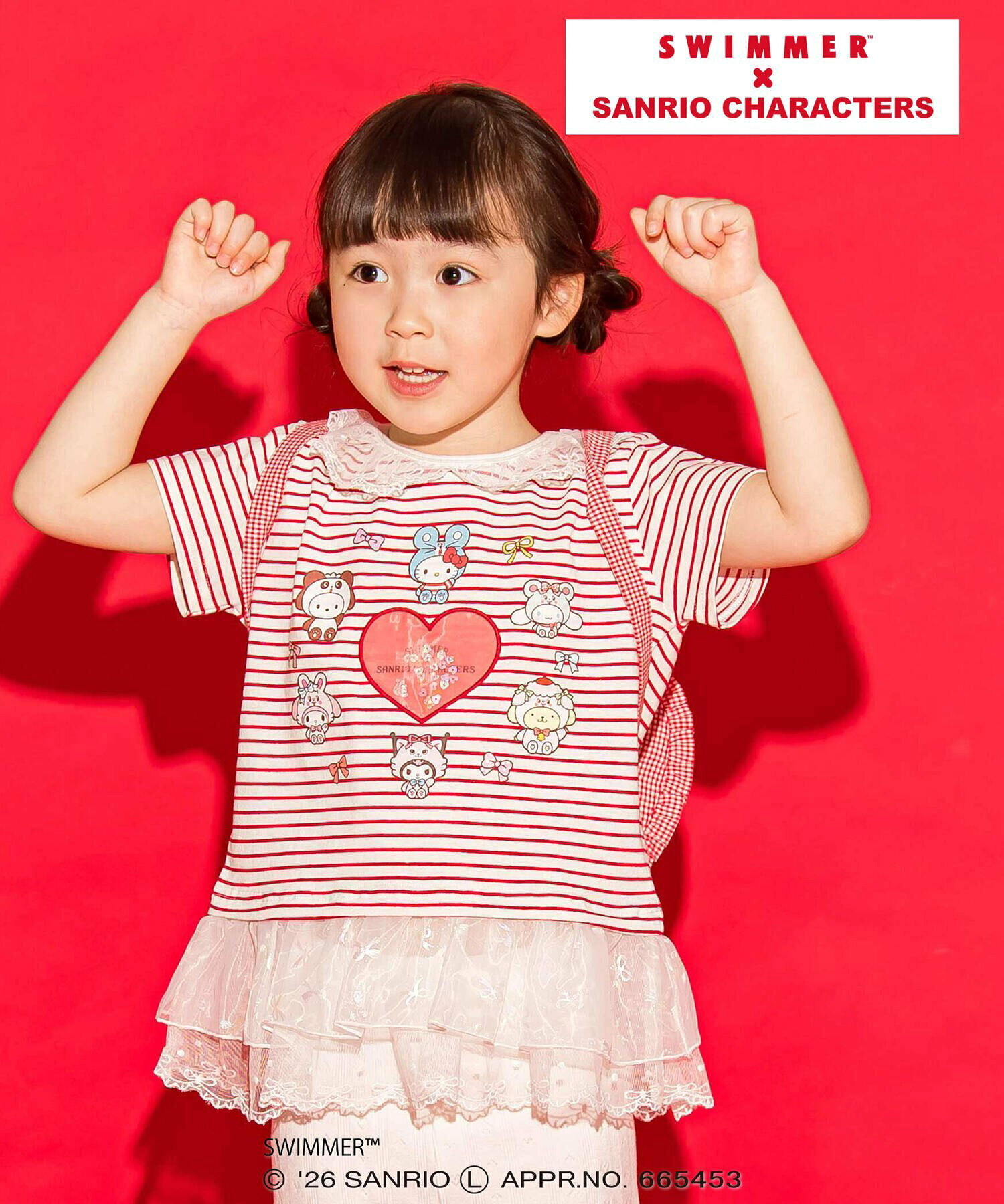 🇯🇵預訂 日本直送🇯🇵Slap Slip x Swimmer x Sanrio系列兩色人物印花亮片愛心蕾絲荷葉邊領口條紋短袖上衣