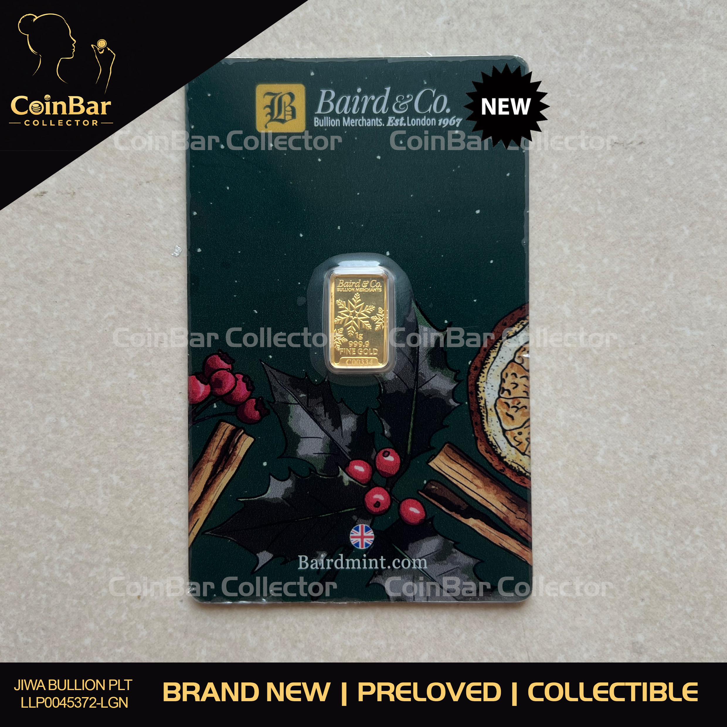 (SN:334) BAIRD MINT Rare Christmas 1g 🇬🇧UK Limited Gold Bar Emas 999.9 圣诞节