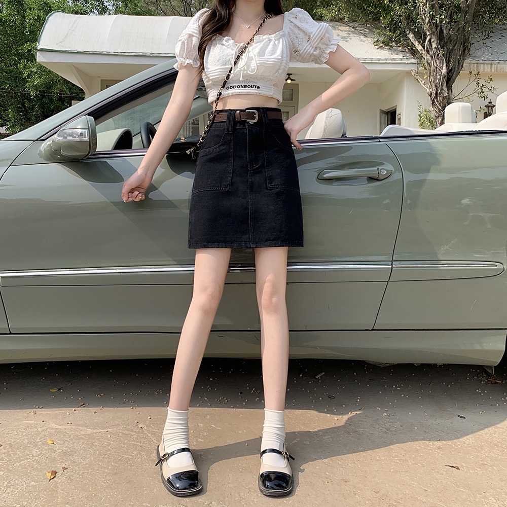 B125(1928) 韩版JEANS直角口袋边双银钮黑蓝短裙