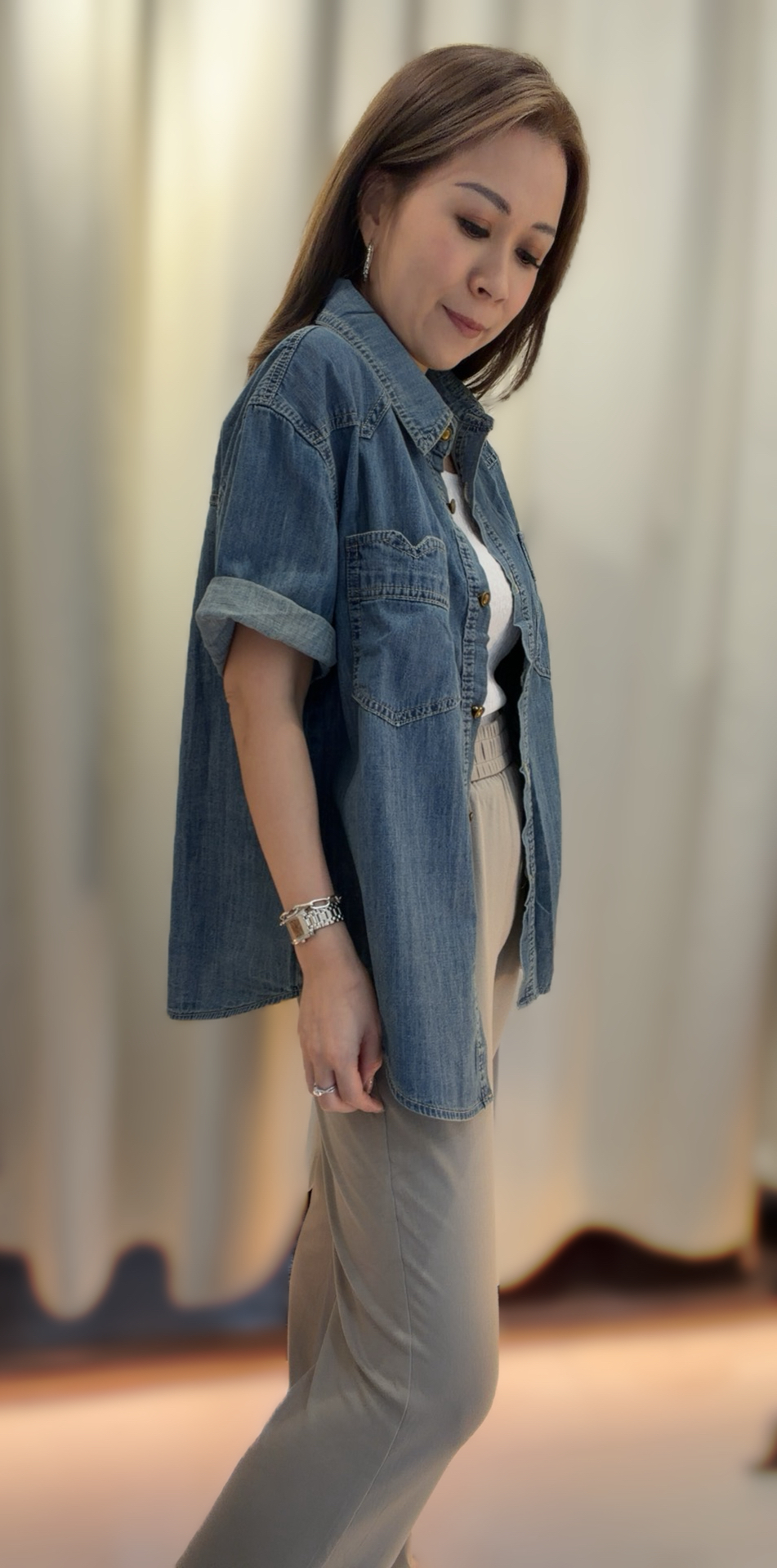 柔軟洗水牛仔中長款短袖襯衫/外套