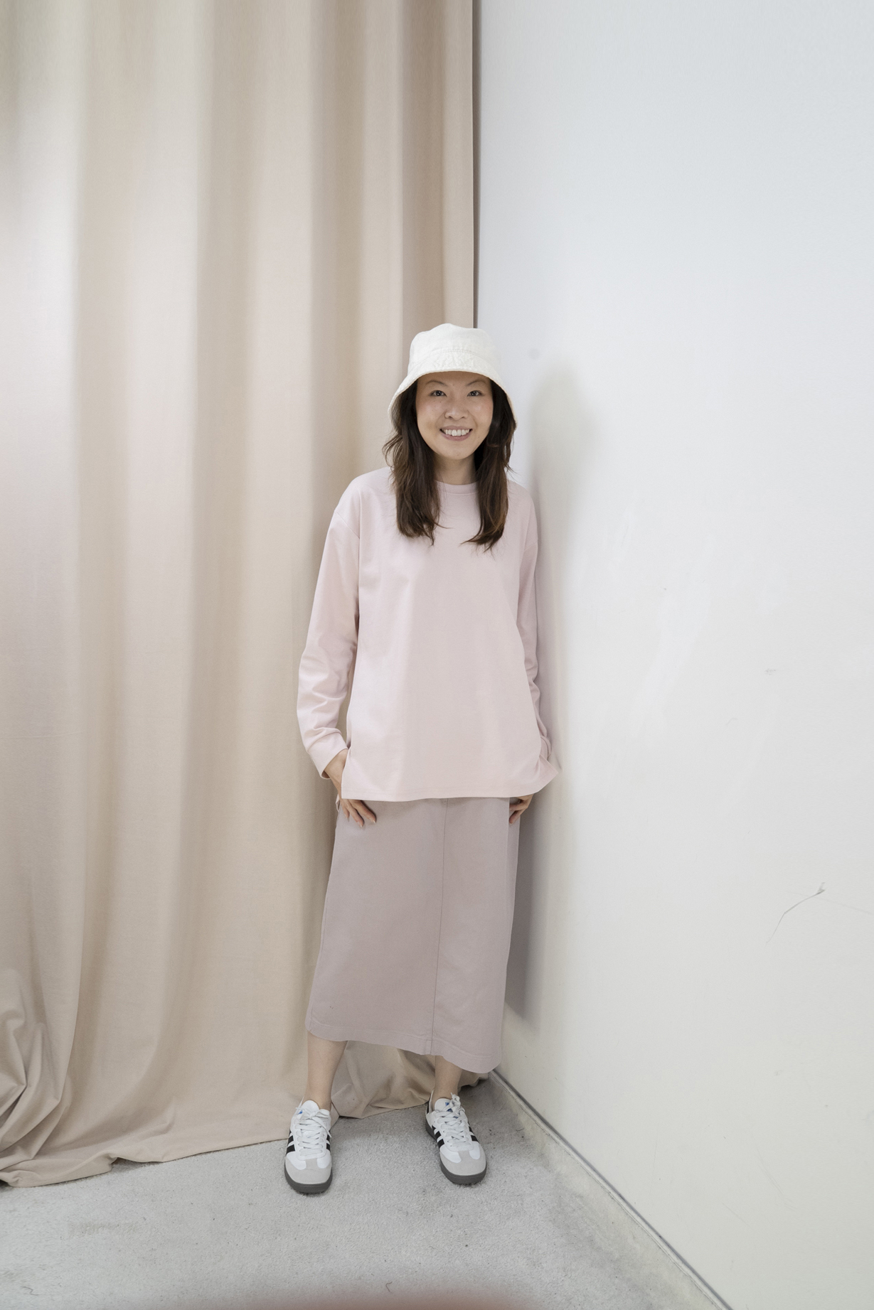 後背工字褶挺棉上衣（粉紅色）