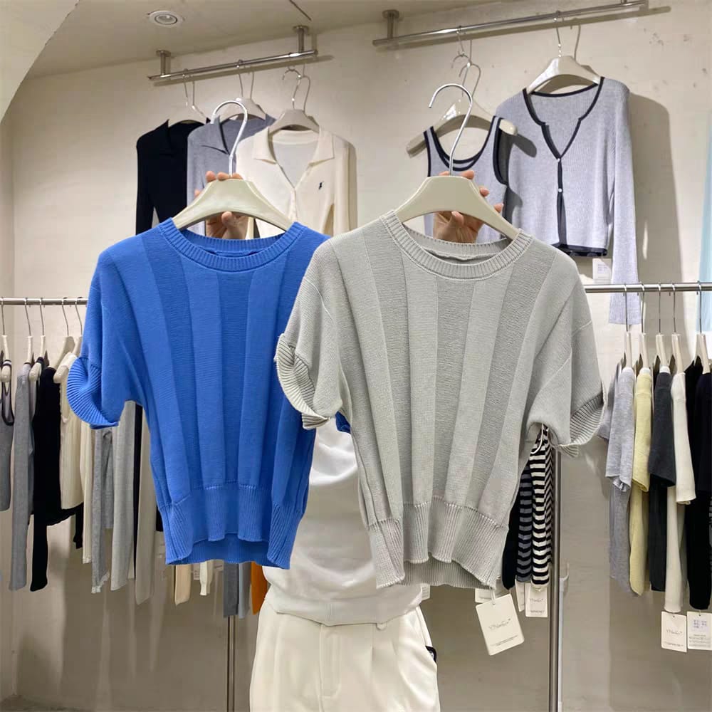 Ribbed Cotton-Blend Knit Top with Vertical Stripes ‖ 立体条纹针织短袖上衣KR0131171